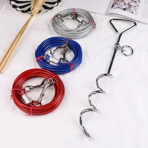 Heavy duty outdoor spiral dog tie out stake and colored steel wire lead cables set