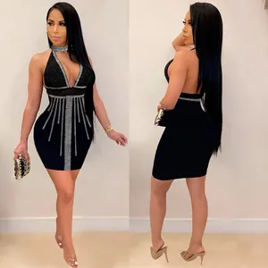 Front and back detail of sexy black rhinestone halter neck bodycon mini dress