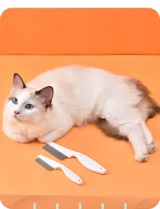 Professional white pet flea combs set shown with a Ragdoll cat on orange background