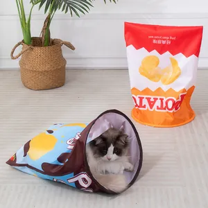 Foldable crinkle cat tunnel toy with creative giant potato chip bag design for fun play