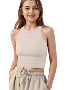 Kids sleeveless ribbed crop top in cream beige cotton for comfortable summer fashion wear