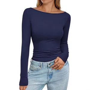 Elegant navy blue boat neck ribbed knit long sleeve slim fit basic T-shirt for women