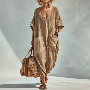 Women V Neck Loose Jumpsuit Summer Bohemian Lantern Pants With Large Pockets Solid Color Beach Vacation Polyester Romper