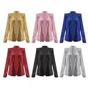 Detail of women's stand collar sequin jackets available in six different colors