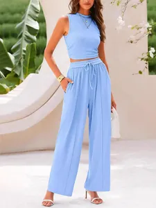 Women's summer 2-piece knit set with sleeveless top and wide-leg trousers in blue