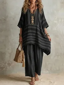 Completo boho due pezzi a righe con top ampio scollo a V e pantaloni larghi abbinati