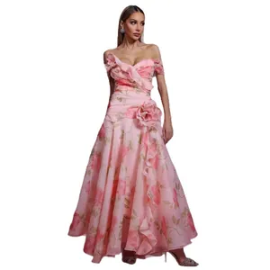 French vintage floral off-shoulder maxi dress with waist-cinching detail for summer.