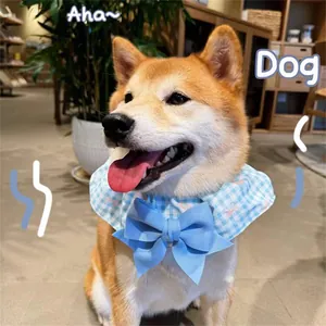 Nahaufnahme eines Shiba Inu mit einem blauen, karierten Haustier-Lätzchen und Schleife
