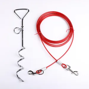 Heavy-duty outdoor spiral dog tie-out stake with long red steel wire cable traction rope