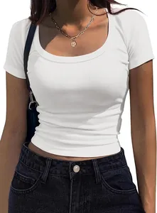 Detail view of a white ribbed slim-fit scoop neck t-shirt for women in casual style