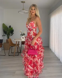 Detailed visual of a floral organza ruffled maxi dress for elegant evening wear events