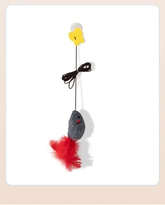 Detail of hanging plush mouse cat toy featuring red feathers and yellow suction cup
