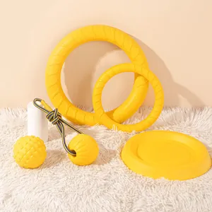 Yellow interactive dog toy set with fitness rings, balls and frisbee for large dogs