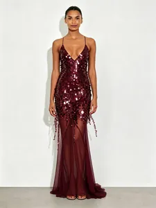 Elegant burgundy V-neck sequined mermaid evening gown with delicate spaghetti straps