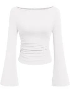 Dames Slanke Pasvorm Geribbelde Rayon Boothals T-Shirt Amerikaanse Hottie Uitlopende Mouw Geplooide Casual Top