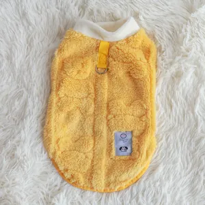 Yellow fleece dog vest with leash ring and cute character patch for small pets