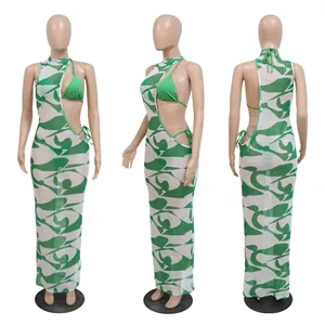 3-teiliges Set für Damen: Digitaldruck-Netzkleid und Bikini in drei Ansichten.
