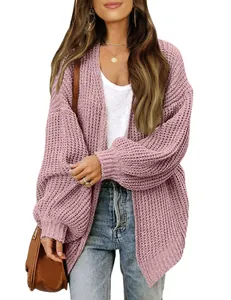 Grofgebreid roze vest met lantaarnmouwen en textuursteek voor de herfst en winter