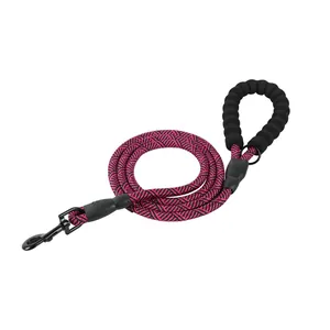 Heavy duty pink and black braided dog leash with comfortable foam handle and metal clip.