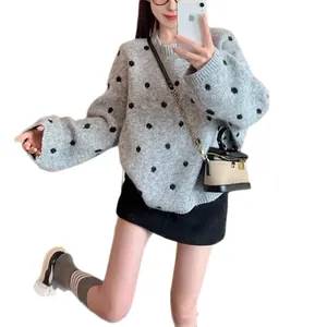 Maglione vintage a pois girocollo, pullover in maglia ampia per donna in autunno e inverno
