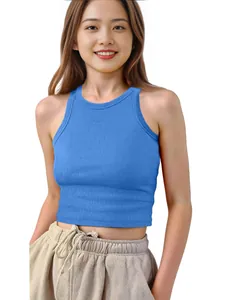 Bright blue ribbed sleeveless crop top for young girls, ideal for casual summer wear.