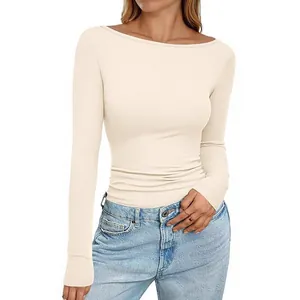 Slim fit boat neck ribbed knit long sleeve top in cream white for casual daily wear
