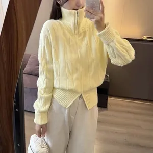 Pale yellow cable knit double zipper turtleneck cardigan sweater for women fashion
