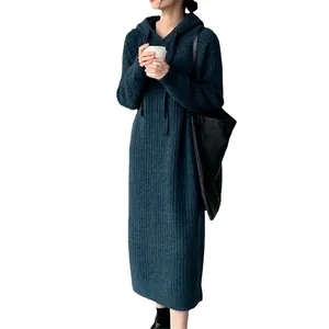 Oversized hooded knit maxi dress for women, cozy autumn winter style in deep teal