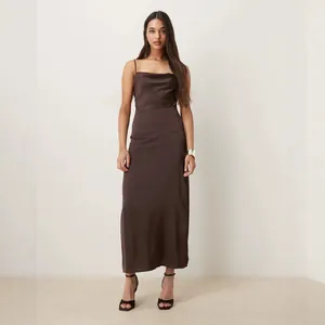 Elegant chocolate brown satin cowl neck maxi slip dress for formal evening party wear