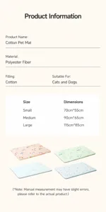 Detail of quilted sponge pet mats with size chart and material information