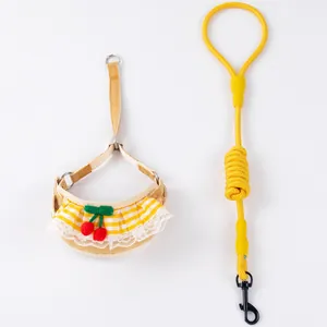 Cute yellow checkered dog harness and leash set with white lace and red cherry decor