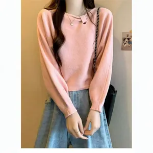 Women Korean Style Slanted Collar Pleated Knitted Sweater Sweet Soft Batwing Sleeve Top Pullover Fall Fashion Casual Sweater