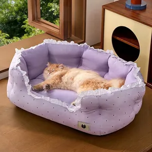 Pastoral Spitzenbesatz Haustierbett Für Katzen Und Hunde Weiches Plüsch Blumenmuster Punktmuster Haustier Sofa Atmungsaktives Sofa