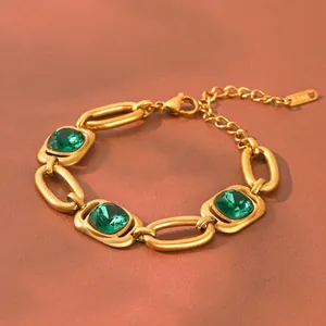 Geometric Square Green Zirconia Bracelet For Women Gold Plated Stainless Steel Chain Link Adjustable Hand Jewelry Gift