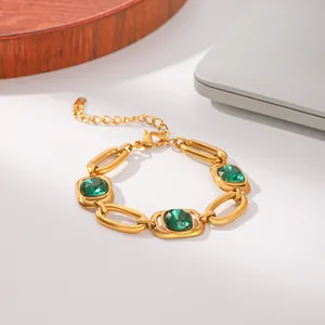 High-quality close-up of a gold stainless steel bracelet with square green zircons