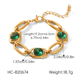 Detail view of gold-colored titanium steel bracelet with square green zircons