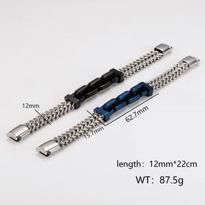 Vue détaillée d'un bracelet en acier inoxydable pour homme avec pièce géométrique et dimensions.
