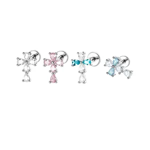 F136 Titaniumlegering Intern Schroefdraad Kruis Oorknopjes Waterdruppel Zirconia Ingelegde Koperen Piercing Oorsieraden Unisex
