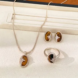 Vintage Oval Tigerauge Stern Zirkonia Anhänger Halskette Ohrringe Ring Schmuckset Für Damen Leichter Luxus Nischen-Design Accessoires