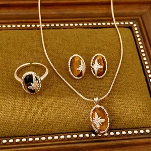 Vintage Tigerauge Schmuckset mit Zirkonia-Sternen, Halskette und Ring enthalten