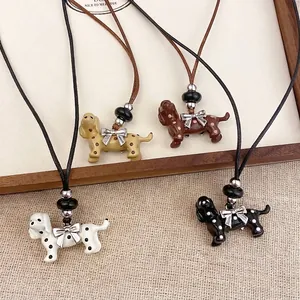 Fashion Alloy Enamel Polka Dot Bow Dog Pendant Necklace Personalized Leather Rope Sweater Chain For Women Lightweight Jewelry