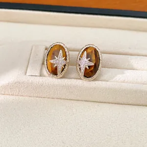Detailansicht von Vintage Tigerauge-Ohrringen mit Zirkonia-Sternenmotiv in ovaler Form