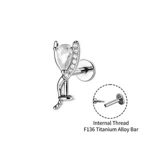 F136 titanium kraakbeen piercing met druppel zirkoon en interne schroefdraad voor oor