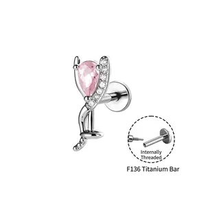 F136 titanium kraakbeen stud met intern schroefdraad, roze druppel zirkoon en stenen