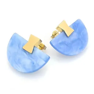 Boucles d'oreilles vintage françaises en forme d'éventail, résine marbrée bleue et or