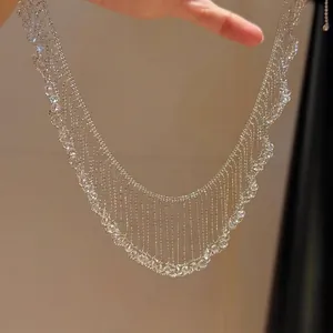 French Beaded Tassel Hollow Necklace Copper Rhinestone Minimalist Design Luxury Clavicle Chain For Women Fashion Jewelry
