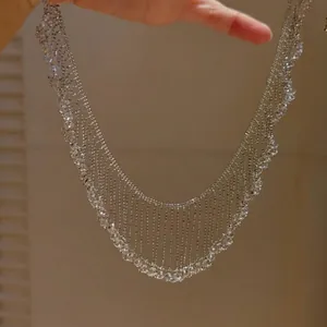 French style beaded fringe hollow necklace with elegant silver-tone tassel design