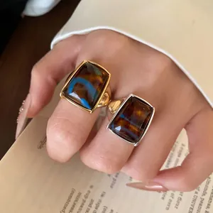 Γαλλικό vintage δαχτυλίδι από ανοξείδωτο ατσάλι 18k με ορθογώνιο μάτι της τίγρης