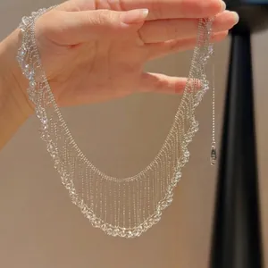 Elegant silver French beaded tassel hollow necklace with sparkling crystal beads