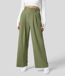 Hoch taillierte olivgrüne weite Hose mit lockerer Passform und einem eleganten Fall